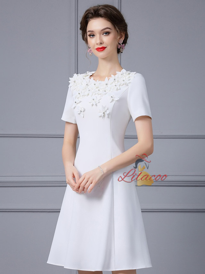 White Short Sleeve 3D Flower Mother Of the Brides Dress