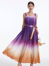 Rainbow Gradient Pleated Sling Big Swing Dress