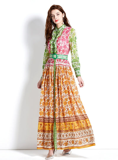 Long-sleeved Holiday Lantern Sleeve Printed Dress