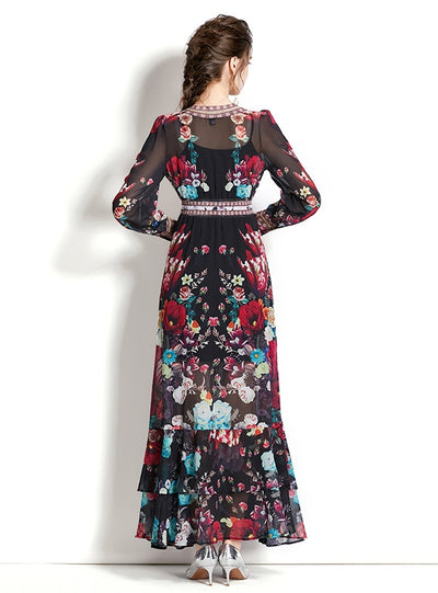 Long Sleeve Retro V-neck Lntern Sleeve Printed Dress