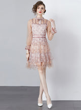 Printed Slim Short Bubble Sleeve Mesh Dress