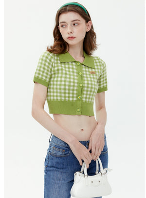 Flower Button Lapel Plaid Short Sleeve Sweater
