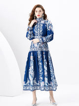 Retro Printed Slim Bubble Sleeve Dress