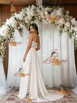 White Lace Chiffon Spaghetti Straps Wedding Dress