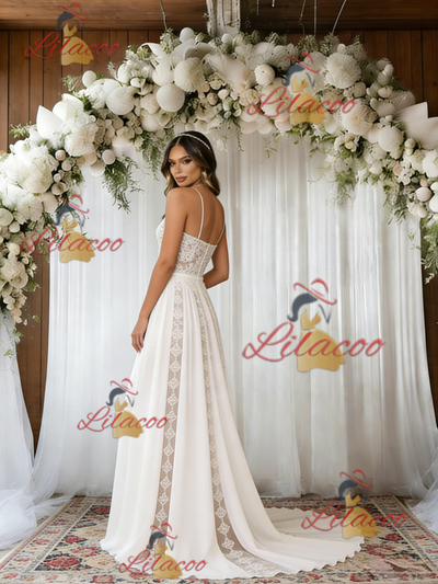 White Lace Chiffon Spaghetti Straps Wedding Dress