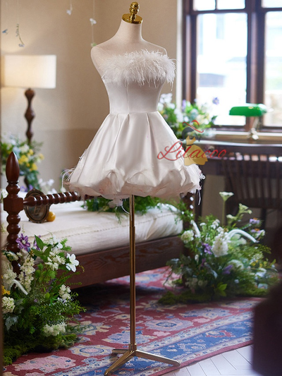 Simple White Satin Strapless Feather Homecoming Dress