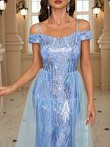 Blue Seuqins Tulle Straps Prom Dress