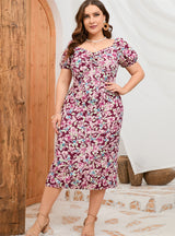 Plus Size Bubble Sleeve Printed Dress