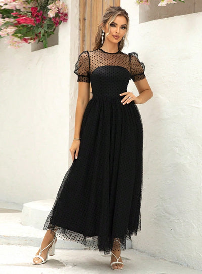 Tulle Puff Sleeve Long Party Dress