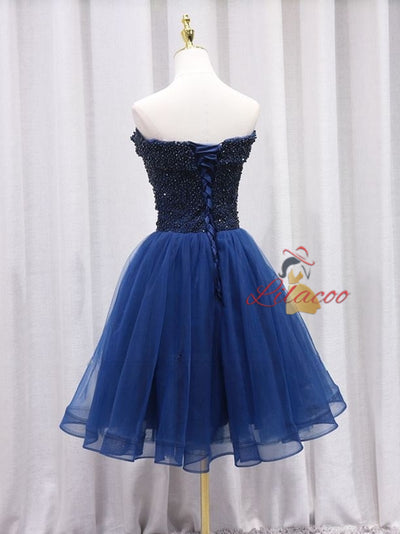 Navy Blue Tulle Beading Homecoming Dress