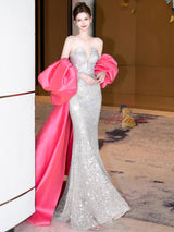 Mermaid Sequins Pink Satin Bow Prom Dress