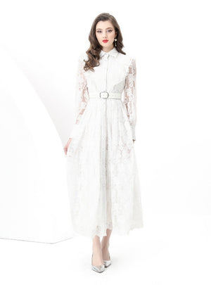 Retro Breasted Slim Waist Lace Dress