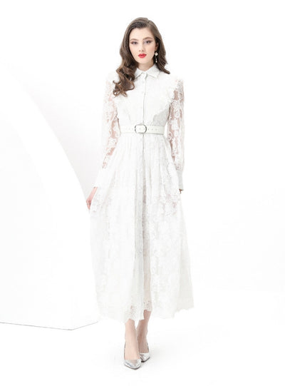 Retro Breasted Slim Waist Lace Dress