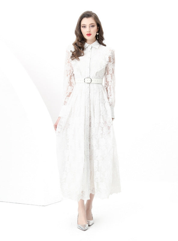 Retro Breasted Slim Waist Lace Dress