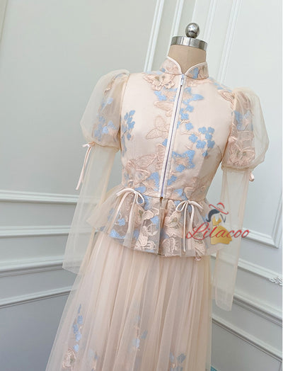 Champagne Long Sleeve Tulle Prom Dress