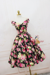 Black Satin Print Off the Shoulder Homecoming Dress