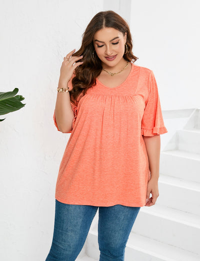 V-neck Pleated Loose Ruffled Loose T-shirt