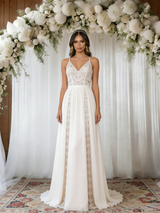 White Lace Chiffon Spaghetti Straps Wedding Dress