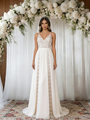 White Lace Chiffon Spaghetti Straps Wedding Dress