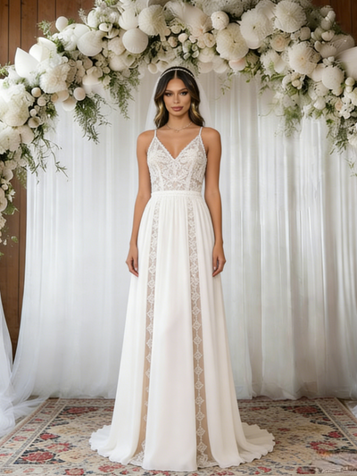 White Lace Chiffon Spaghetti Straps Wedding Dress