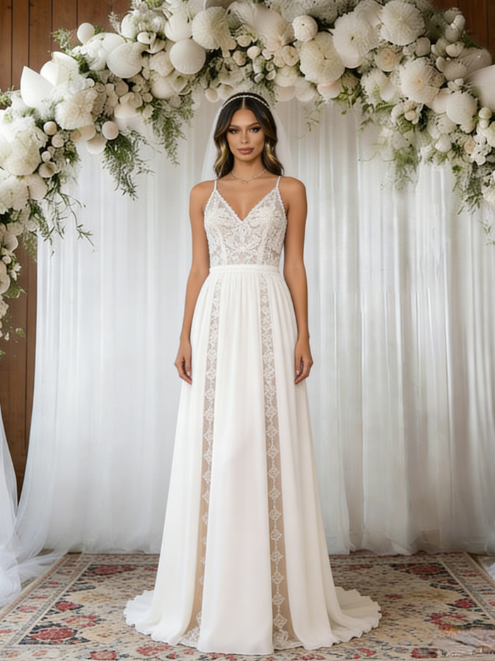 White Lace Chiffon Spaghetti Straps Wedding Dress