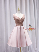 Pink Satin Sequins V-neck Homecoming Dress