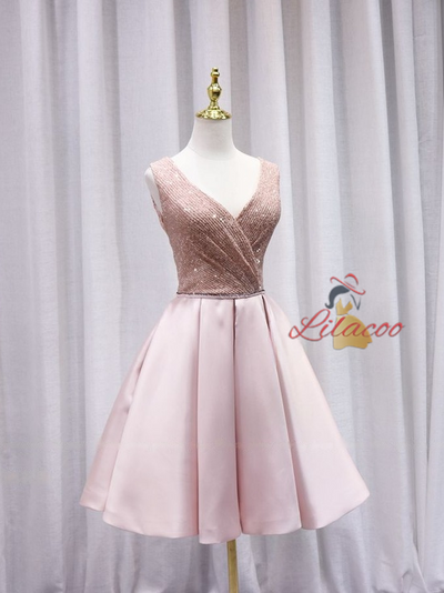 Pink Satin Sequins V-neck Homecoming Dress