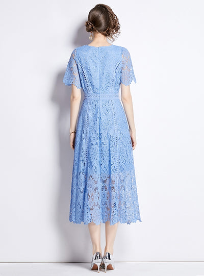Retro Round Neck Lotus Leaf Sleeve Lace Dress