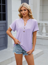 Solid Color V-neck Button Short Sleeve T-shirt