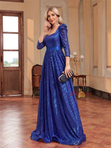 Blue Sequins Long Sleeve Prom Dress