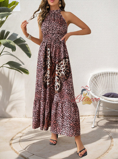 Elegant Sleeveless Butterfly Leopard Print Dress