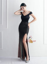 Velvet Sequins Off the Shoulder Prom Dress