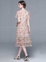 Mesh Beaded V-neck Printed Short-sleeved Dress