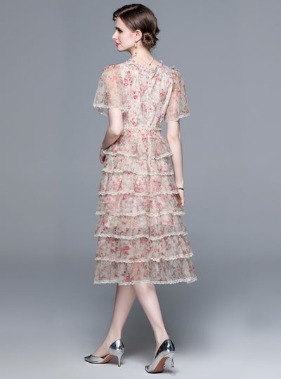 Mesh Beaded V-neck Printed Short-sleeved Dress