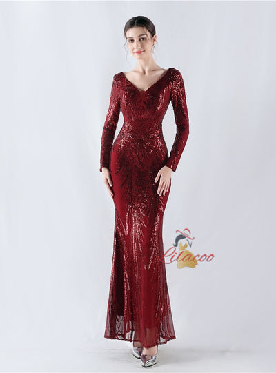 Long Sleeve Sequins V-neck Prom Dress