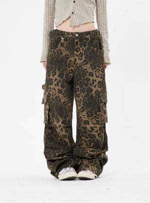 Leopard Print Pocket Straight Loose Jeans