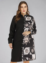 Retro Contrast Printing Stitching Lapel Shirt Dress
