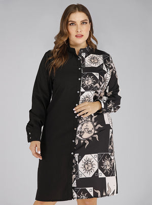 Retro Contrast Printing Stitching Lapel Shirt Dress