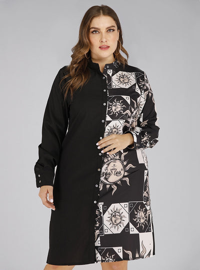 Retro Contrast Printing Stitching Lapel Shirt Dress