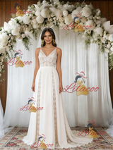 White Lace Chiffon Spaghetti Straps Wedding Dress