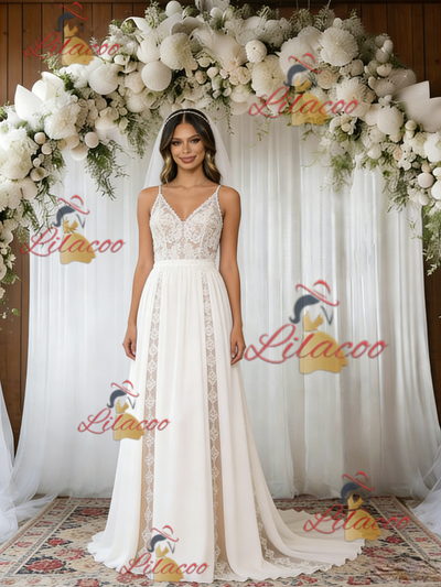 White Lace Chiffon Spaghetti Straps Wedding Dress