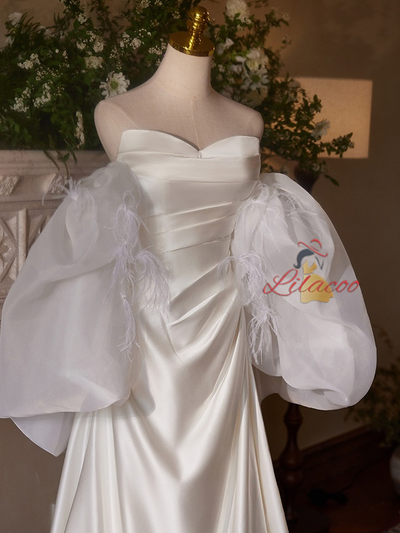 White Satin Pleats Strapless Wedding Dress