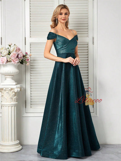 Green Spaghetti Straps Pleats Prom Dress