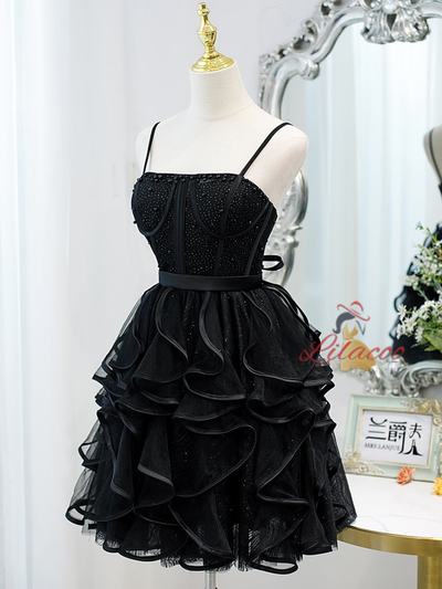 Black Tulle Spaghetti Straps Homecoming Dress