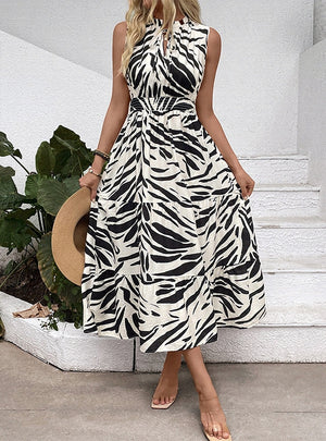 V-neck Elastic Waist Sleeveless Zebra Print Dress