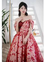Burgundy Print Sequins Off the Shoulder Prom Dress