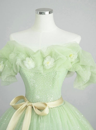 Green Tulle Sequins 3D Flower Prom Dress