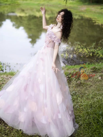 Purple Tulle 3D Flower See Through Prom Dress