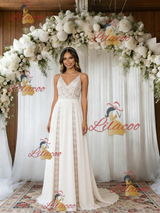 White Lace Chiffon Spaghetti Straps Wedding Dress
