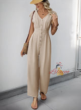 Casual V-neck Elastic High Waist Wide Leg Jumpsuit